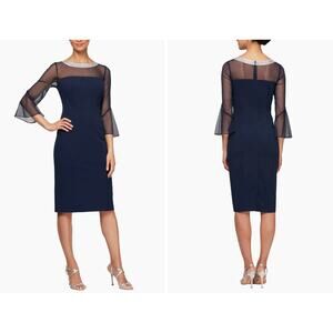 Alex Evenings Embellished Shift Cocktail Dress Size 6 Navy Wedding Guest Festive